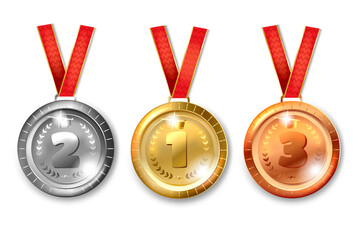 Gold silver bronze medals. Symbols of victory and success. Champion winner award metal medals. Honor badges. Set of realistic vector illustrations isolated on wite background