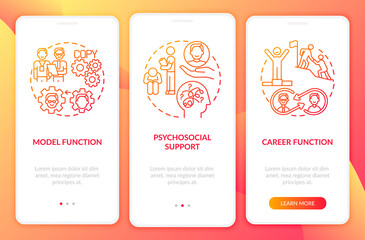 Model and career functions onboarding mobile app page screen with concepts. Psychosocial support walkthrough 3 steps graphic instructions. UI vector template with RGB color illustrations