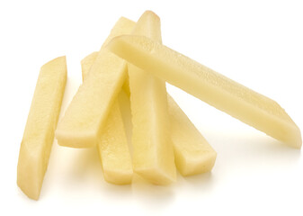 Raw Potato sliced strips prepared for French fries isolated on white background