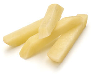 Raw Potato sliced strips prepared for French fries isolated on white background