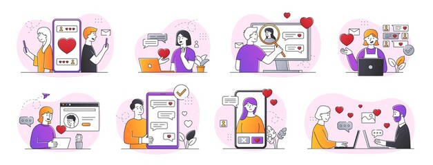 Obraz premium Collection of online dating abstract concepts. People using online dating apps. Set of minimal style flat cartoon vector illustrations isolated on white background