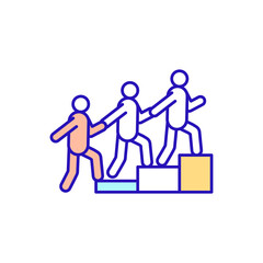 Work in teams RGB color icon. Colleague going on career ladder. Group of people achieve shared goal. Helping workers for newbies. New worker and employee adaptation. Isolated vector illustration