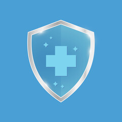 Antibacterial sanitizer or antiseptic label. Antimicrobial, resistant badge. Symbol of protection. Blue shield with silver trim. Heraldic element. Medical protection shield with cross sign. Vector