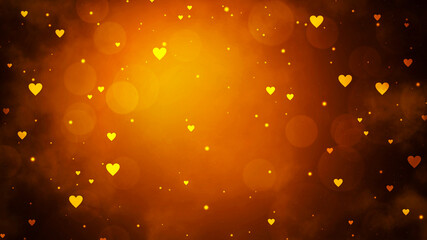 Abstract golden orange and brown gradient bokeh background with glowing hearts and sparkles. Valentines day background