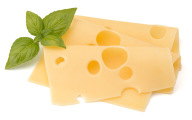 Cheese and basil leaves isolated on white background