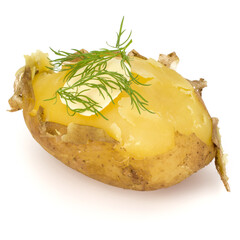 one boiled peeled potato with dill and butter isolated on white background cutout
