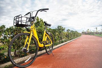 Fototapeta na wymiar Yellow bike network rental stands on the red bike path. Bike sharing concept. Copy space.