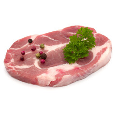 Raw pork neck chop meat with parsley herb leaves and peppercorn spices garnish isolated on white background cutout