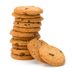 Stacked Chocolate chip cookies isolated on white background. Sweet biscuits. Homemade pastry.