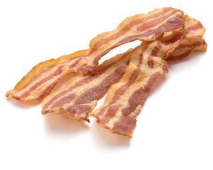 cooked crispy slices of bacon isolated on white background