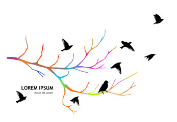 A multi-colored bare tree branch with birds . Vector illustration