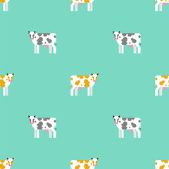 Cow pixel art pattern seamless. 8 bit farm animal backgroundn. vector ornament