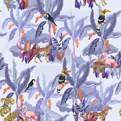 Tapeten Seamless pattern with jungle animals, flowers and trees. Vector. © Yumeee