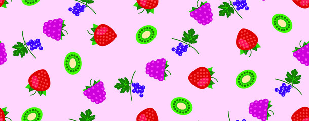 Berries pattern. Raspberries, strawberries, currants and kiwi. Seamless texture for fabric, web banner design. Small red, pink, green  berries on a pink background. Repeating texture. Delicious berrie