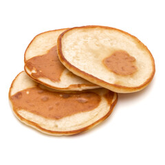 Three pancakes isolated on white background cutout.