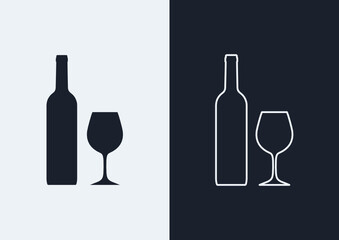 Wine bottle and glass icon. (Outlined and silhouette vector of wine bottle and glass)