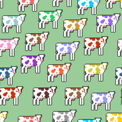 Cow pixel art pattern seamless. 8 bit farm animal backgroundn. vector ornament