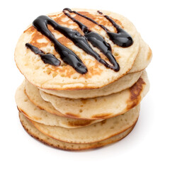 Pancakes  stack with chocolate syrup on white background