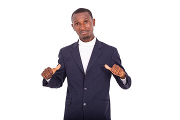 adult businessman pointing thumbs at himself.