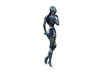 Image robot created in female figure with different viewing angles, isolated on a white background. Template for Photoshop as a smart object suitable for other picture composing. 3d rendering.