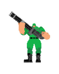 Soldier with big gun. Strong military man with machine gun