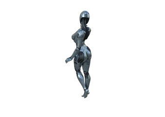 Image robot created in female figure with different viewing angles, isolated on a white background. Template for Photoshop as a smart object suitable for other picture composing. 3d rendering.