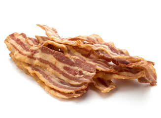 cooked crispy slices of bacon isolated on white background