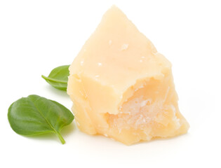 One parmesan cheese shred and basil leaf isolated on white background cutout