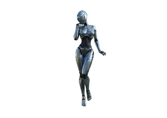 Image robot created in female figure with different viewing angles, isolated on a white background. Template for Photoshop as a smart object suitable for other picture composing. 3d rendering.