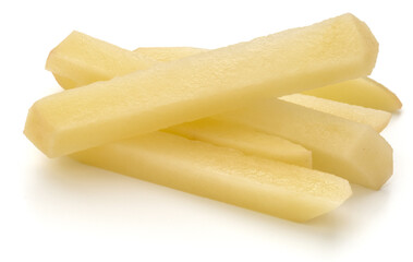 Raw Potato sliced strips prepared for French fries isolated on white background