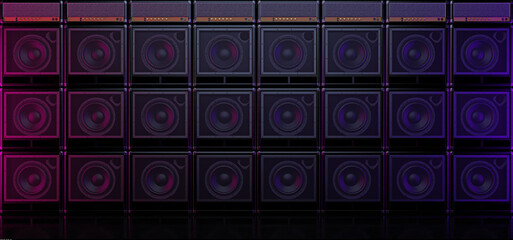 Wall of guitar amps in dark space. Guitar amplifiers placed on each other. Guitar amp background. 3D illustration