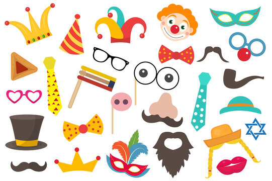 Happy Purim carnival set funny costume elements, icons for the party. Purim Jewish holiday props for masquerade, photo shoot .Vector clip art