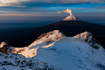 Popocatepetl volcano seen from the Iztaccihuatl volcano "The smoking mountain", the second highest in Mexico.