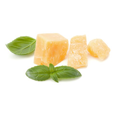 shredded parmesan cheese and basil leaf isolated on white background cutout