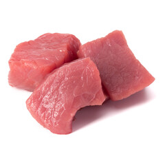 Raw chopped beef meat pieces isolated om white background cut out.
