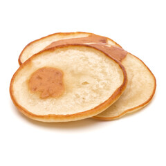 Three pancakes isolated on white background cutout.