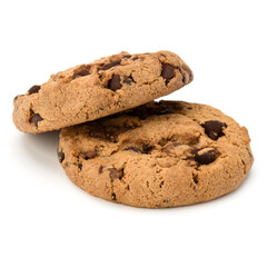 Two Chocolate chip cookies isolated on white background. Sweet biscuits. Homemade pastry.