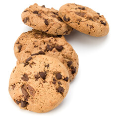 Chocolate chip cookies isolated on white background. Sweet biscuits. Homemade pastry.