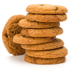 Stacked Chocolate chip cookies isolated on white background. Sweet biscuits. Homemade pastry.