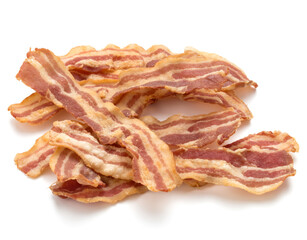 cooked crispy slices of bacon isolated on white background