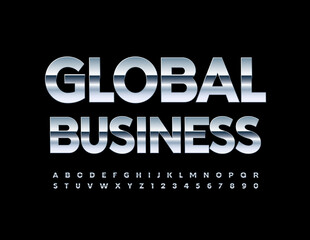 Vector silver logo Global Business. Artistic Alphabet Letters and Numbers set. Modern Steel Font. 