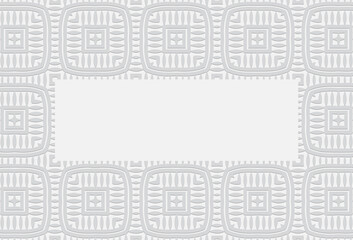 Decorative frame with an ornament for text, advertising. Ethnic convex volumetric white embossed background of geometric shapes.