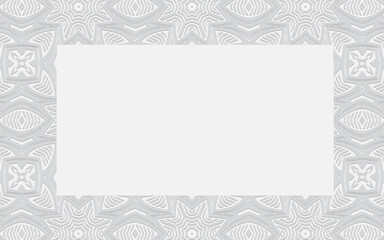 Decorative frame with artistic trendy ornament for text, advertising. Ethnic convex volumetric white embossed background of geometric shapes.