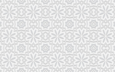 Ethnic convex volumetric wallpaper from a 3D floral pattern. White embossed background from abstract geometric shapes. Texture for presentations, fabrics, business cards.