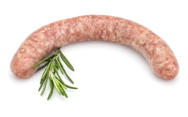 Raw sausage with rosemary leaf isolated on white background