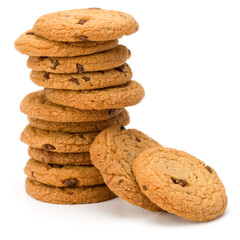 Stacked Chocolate chip cookies isolated on white background. Sweet biscuits. Homemade pastry.