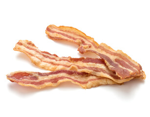 cooked crispy slices of bacon isolated on white background