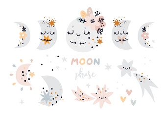 Moon phases baby clipart. Creative illustration for kids with moon and stars. Cartoon clip art in boho style. Moon Child clip art, Bohemian moon. Ideal for kids room decoration, clothing, prints