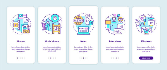 Video for language learning onboarding mobile app page screen with concepts. Movies, music, news, tv-shows walkthrough 5 steps graphic instructions. UI vector template with RGB color illustrations
