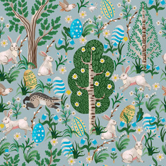 Rustic seamless pattern with trees, rabbits, eggs and other. Easter print.